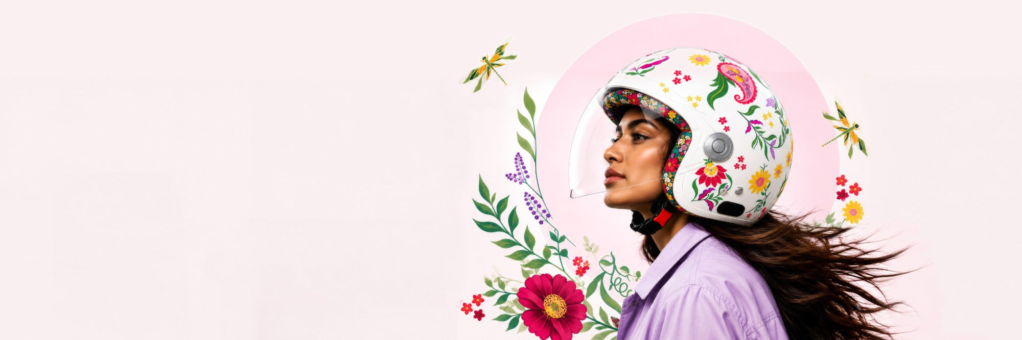 Woman rider in a white floral Tvarra helmet