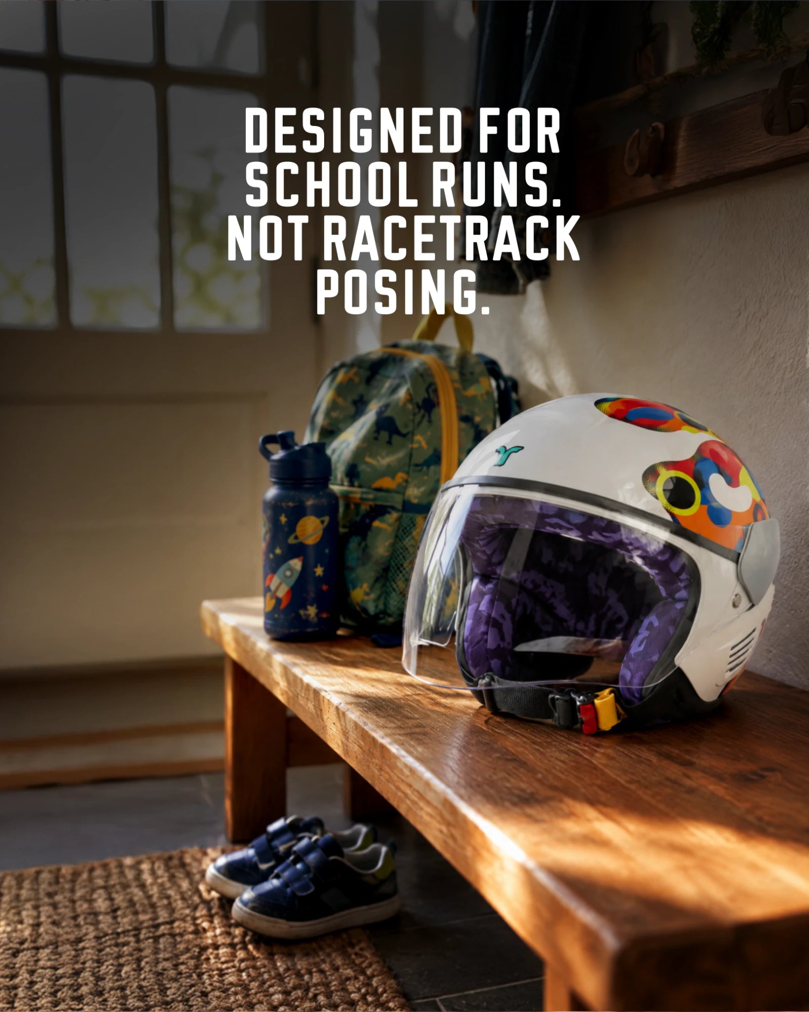 HYP3 helmet next to a school bag
